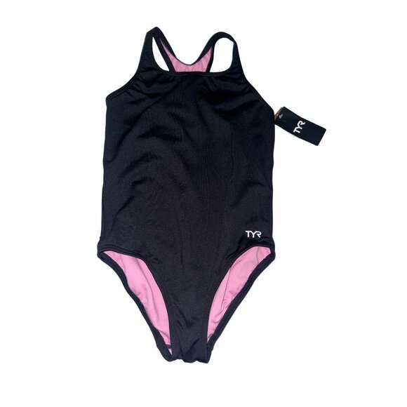 TYR Girls Solid Maxfit Swimsuit Size L (10/12) Black/Pink - Picture 2 of 5